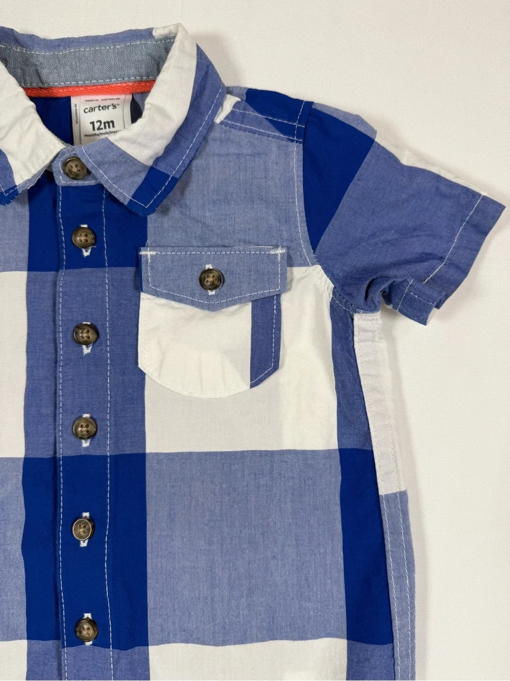 CARTER’S Boys Coastal Preppy Blue Buffalo Plaid Button Nautical Romper 12M